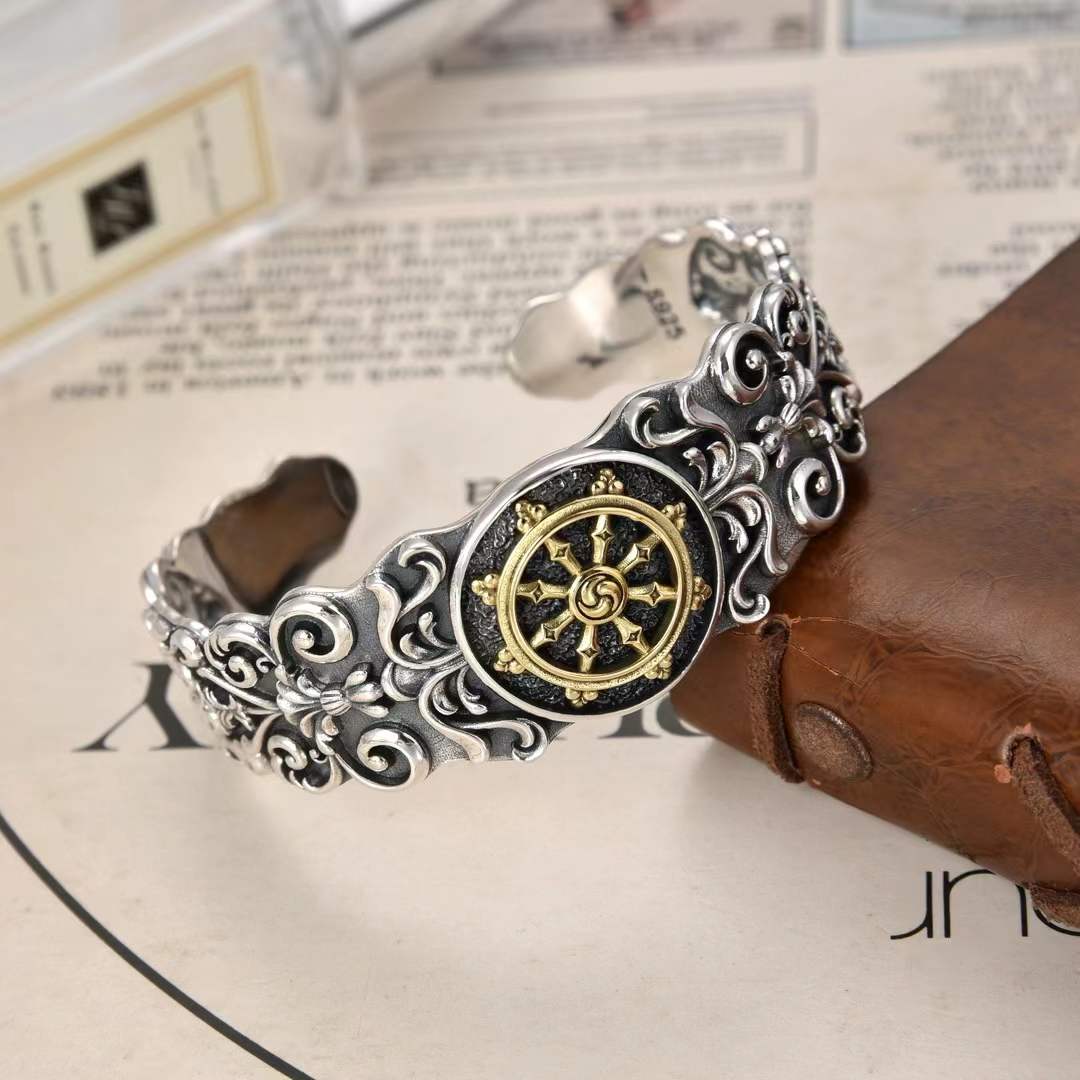 Zantara - Dharma Wheel Silver Cuff Bracelet