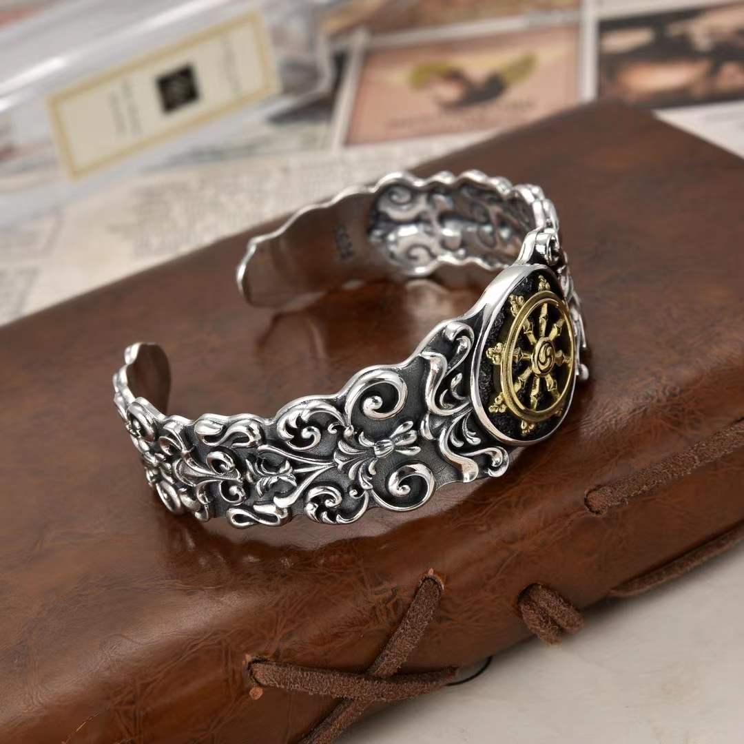Zantara - Dharma Wheel Silver Cuff Bracelet