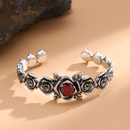 Thorn - Retro Silver Ruby Rose Bangle