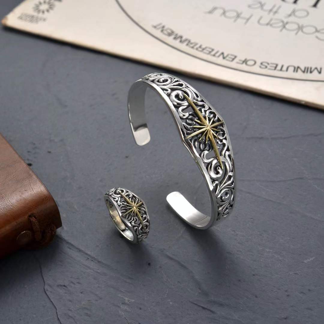Solvianus - Sunburst Silver Cuff Bracelet & Ring Set