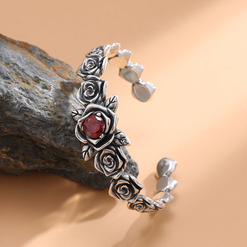 Thorn - Retro Silver Ruby Rose Bangle