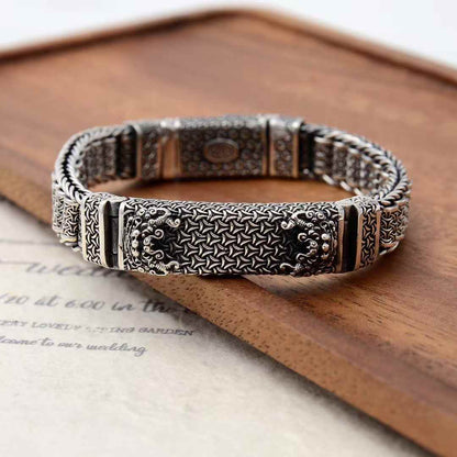 WcArts - Tang Lion Armor Beaded Cuff (Masculine Silver Bracelet)