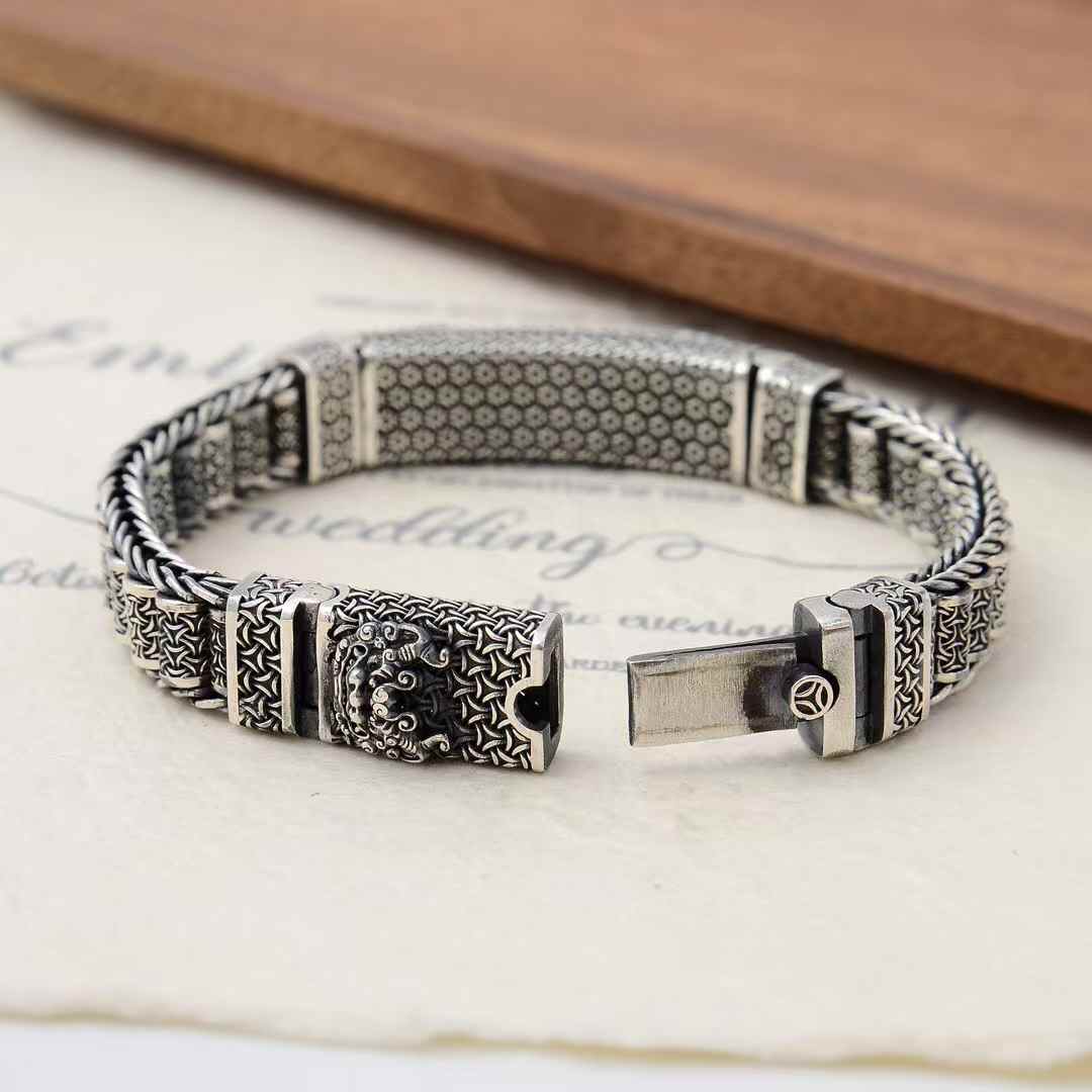 WcArts - Tang Lion Armor Beaded Cuff (Masculine Silver Bracelet)