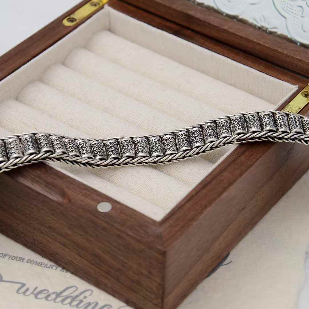 WcArts - Tang Lion Armor Beaded Cuff (Masculine Silver Bracelet)