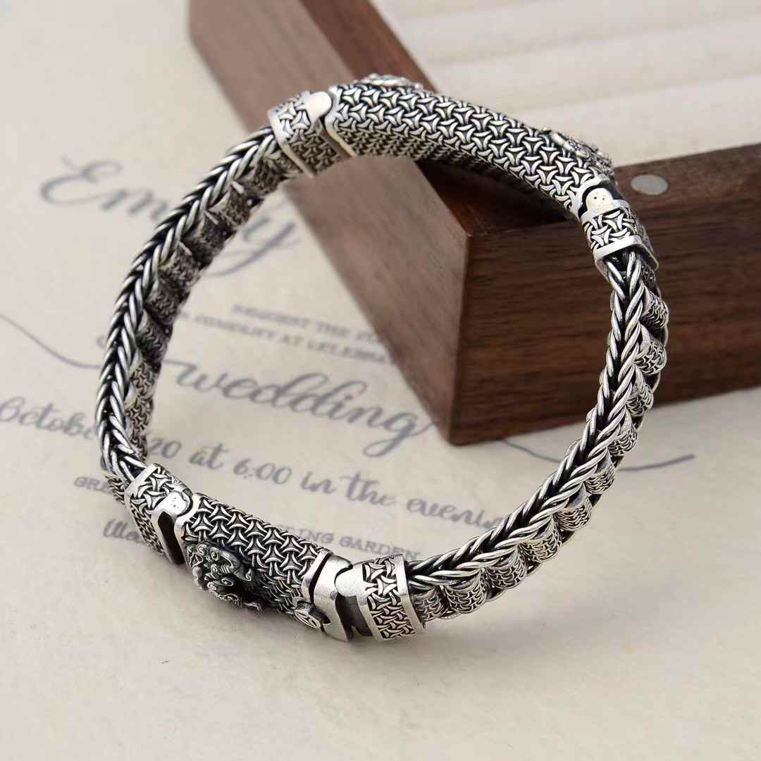 WcArts - Tang Lion Armor Beaded Cuff (Masculine Silver Bracelet)