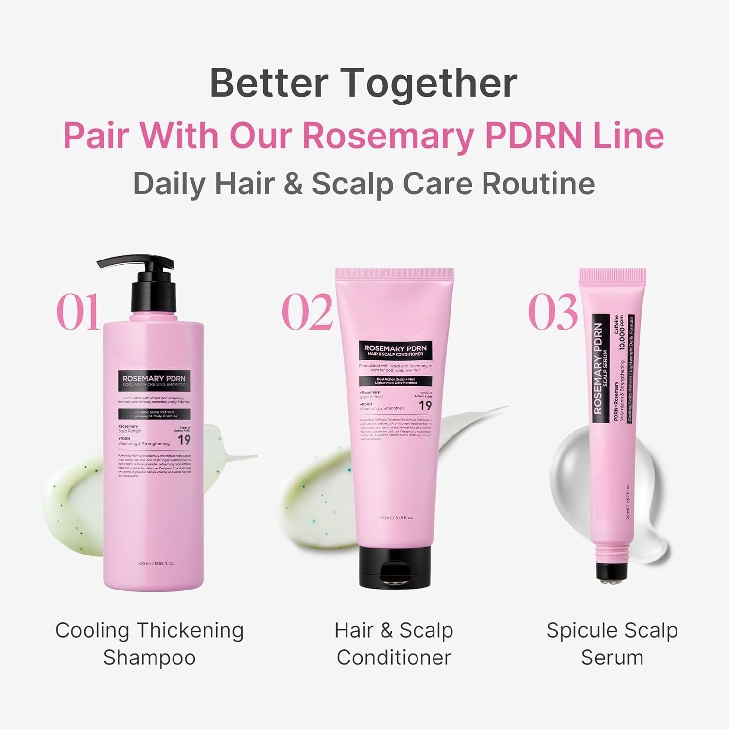 Meesue Rosemary PDRN Hair and Scalp Care Set with Thickening Shampoo, Conditioner and PDRN Stick