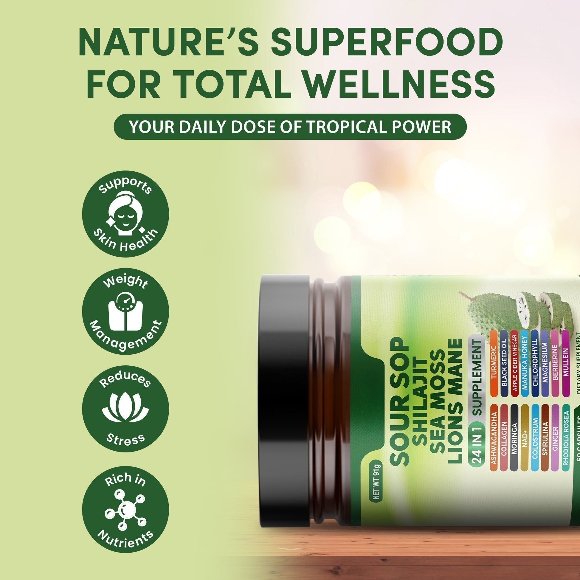 Meesue Soursop Wellness Supplement 24-in-1 — Sea Moss, Black Seed Oil & Turmeric