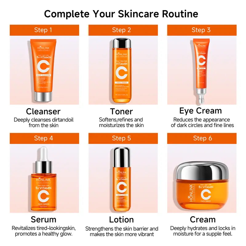 Meesue Korean 5X Vitamin C Skincare Set with Cleanser, Toner, Serum, Lotion, Eye and Face Cream